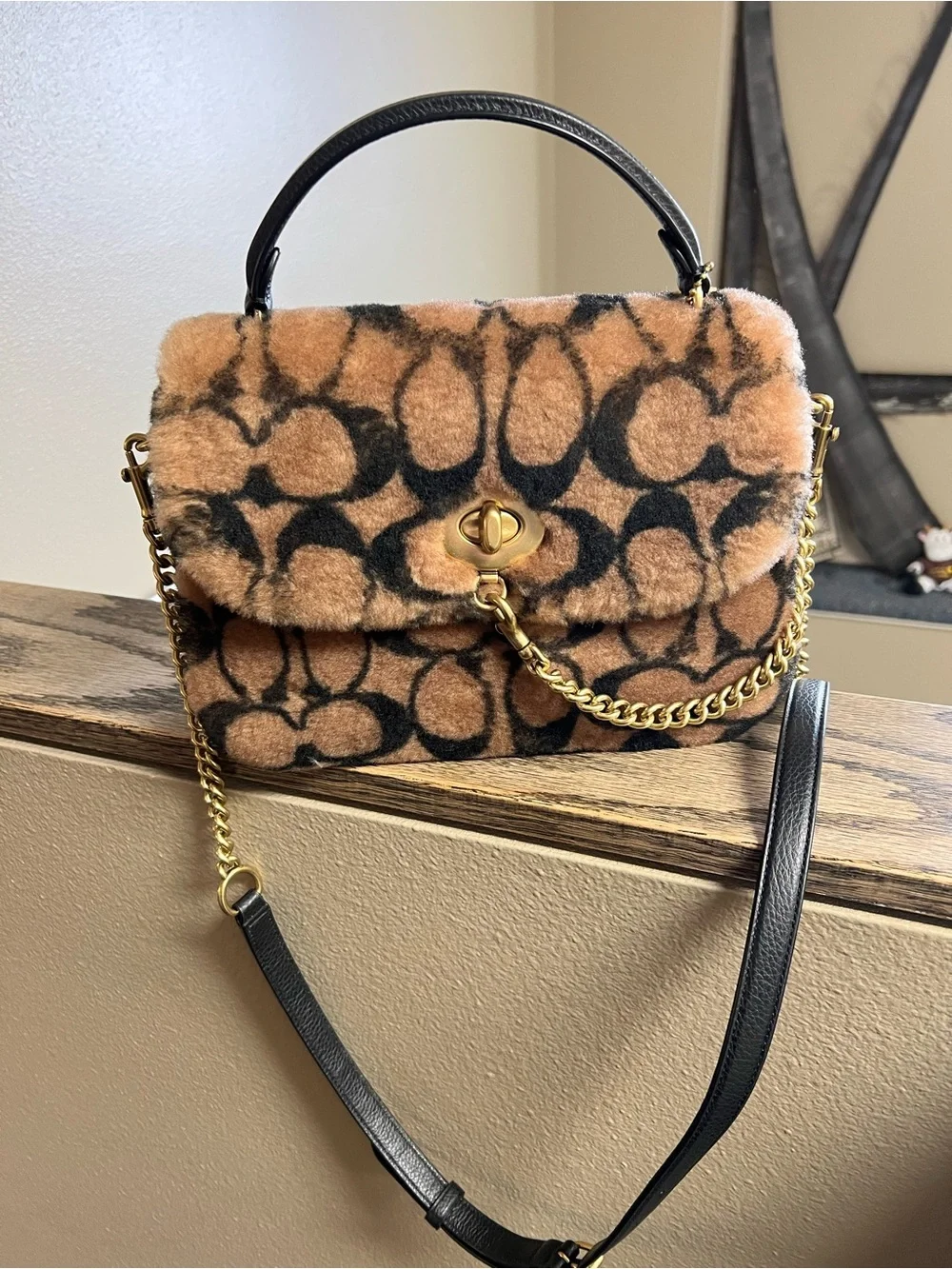 Jennifer Lopez X Coach; Signature Shearling Top Handle Satchel in Brown